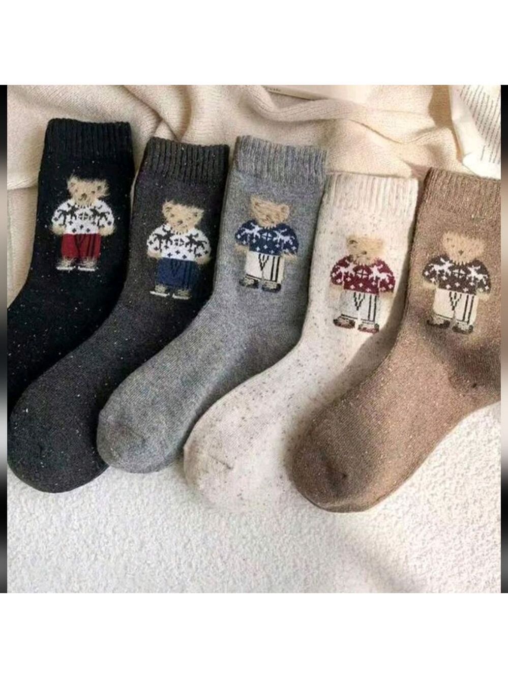 New 5 Pairs Autumn/Winter Warm Cute Bear Mid-Calf Socks